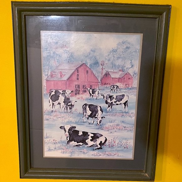 VINTAGE COW SCENE RED BARN IN FRAME BY AVA FREEMAN 16” X 20” - Picture 1 of 3